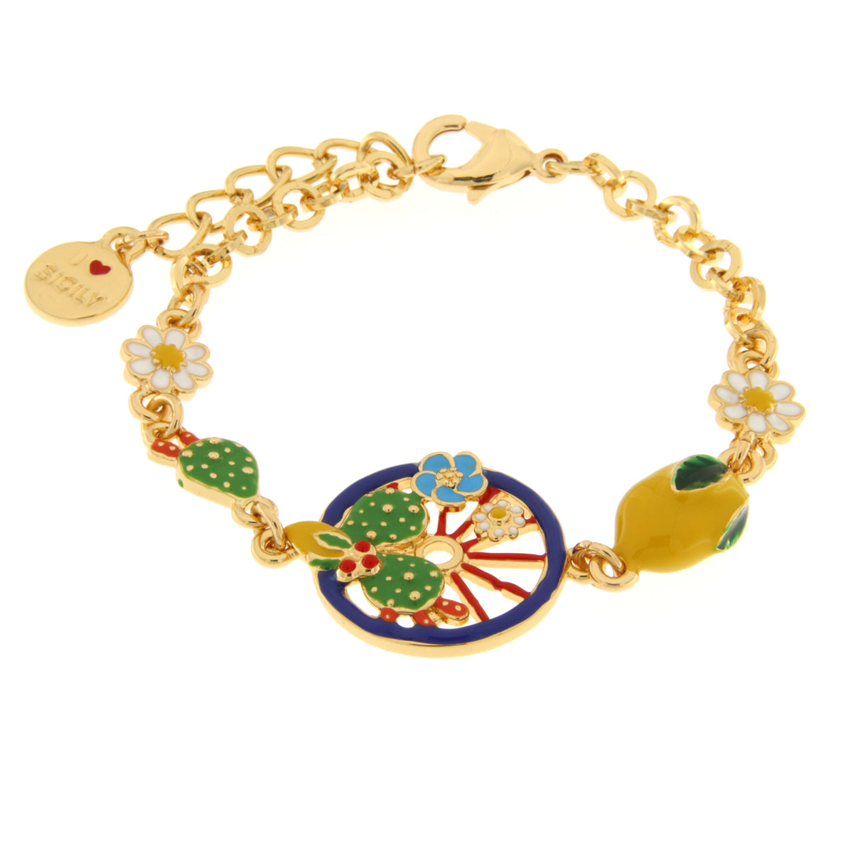 Metal bracelet with blue wheel embellished with cacti, lemons and flowers