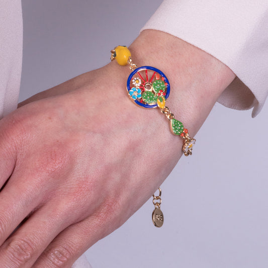 Bracciale in Metallo con ruota blu impreziosita da cactus, limoni e fiori