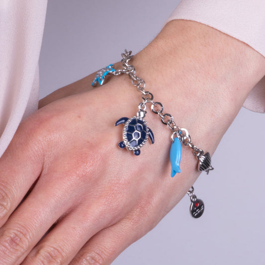 Bracciale in Metallo con tartaruga blu, pesce e stella marina