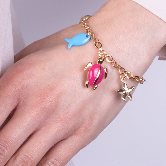 Bracciale in Metallo con tartaruga rosa, pesce e stella marina