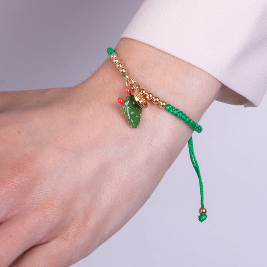 Bracciale in Metallo con cactus e cordino verde