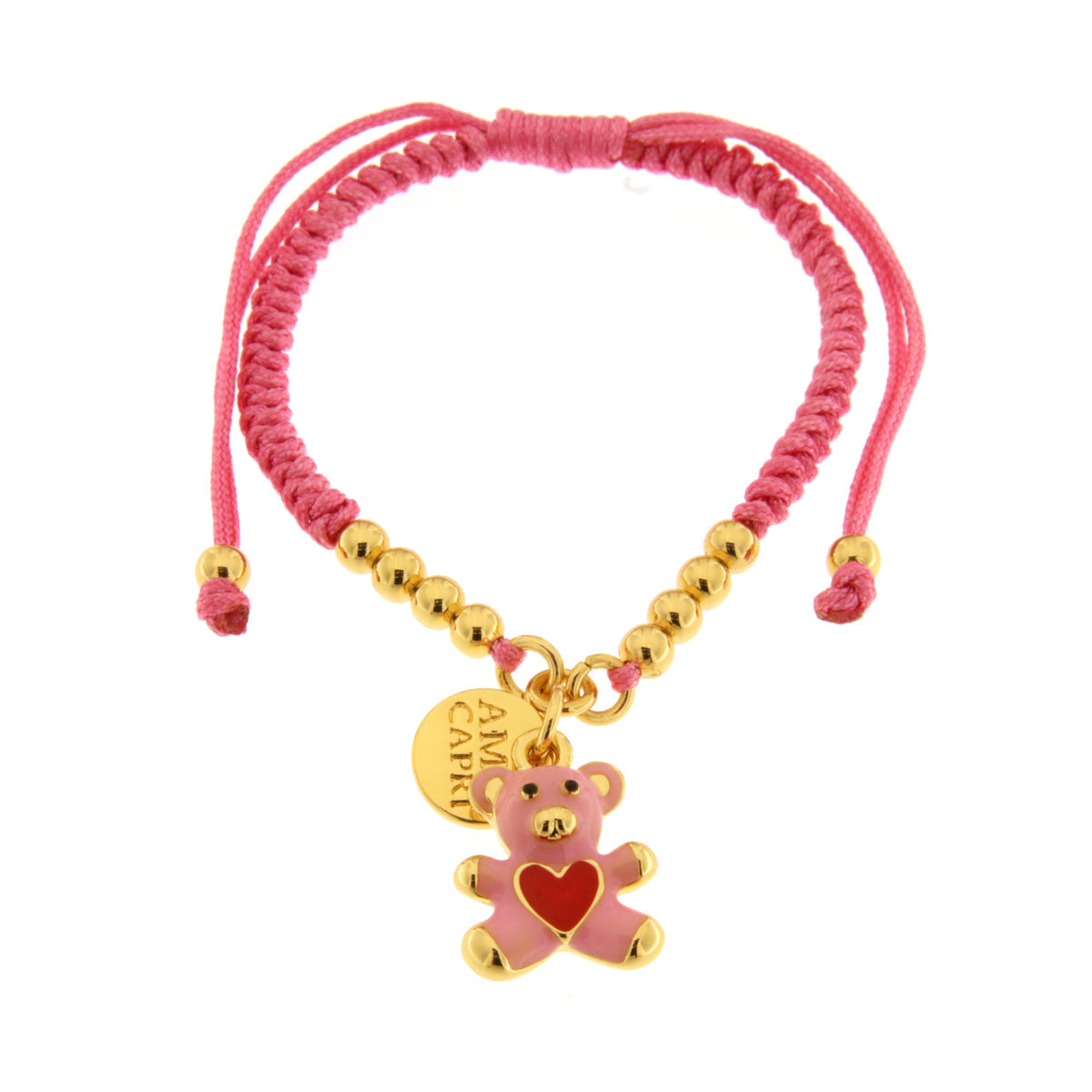 Metal bracelet with pink teddy bear pendant and red heart