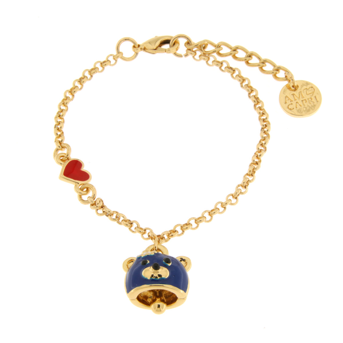 Metal bracelet with bell in the shape of a blue bear and a red heart