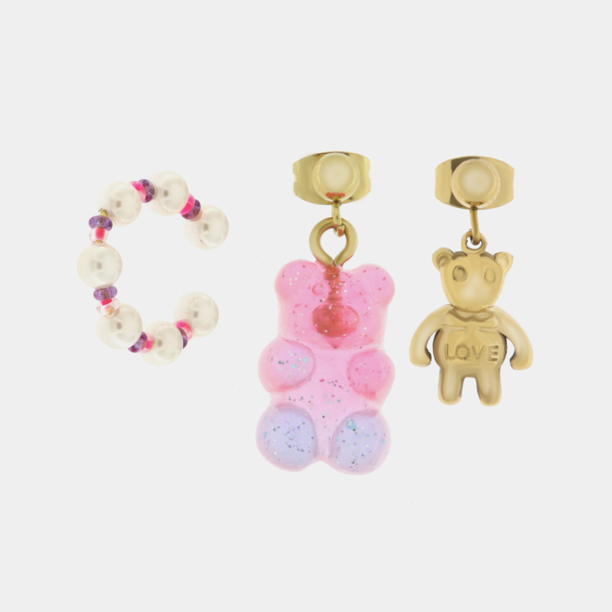 Orecchini in Acciaio con orecchini a forma di orso e earcuff con perle