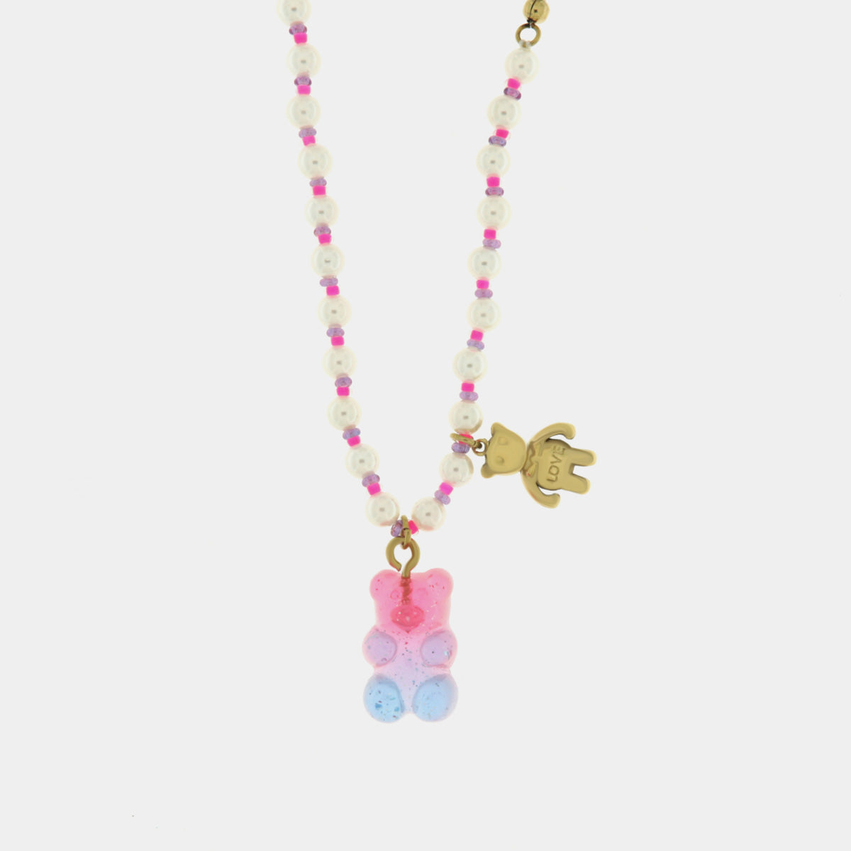 Collana in Acciaio con orso pendente e pietre bianche e rosa