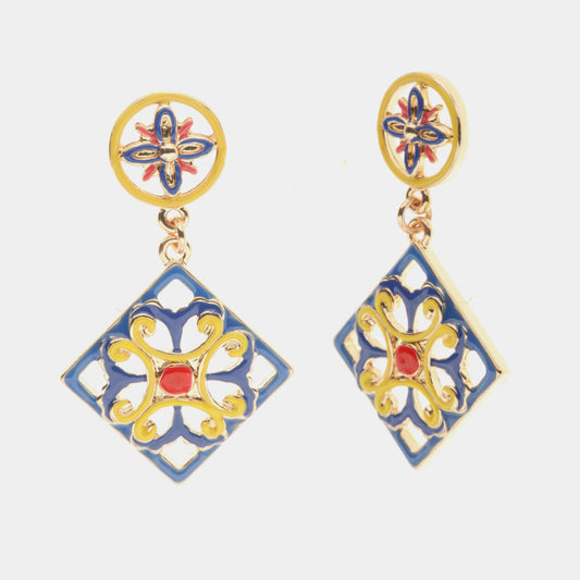 Orecchini in Metallo con maiolica a fiore smaltata blu giallo e rosso