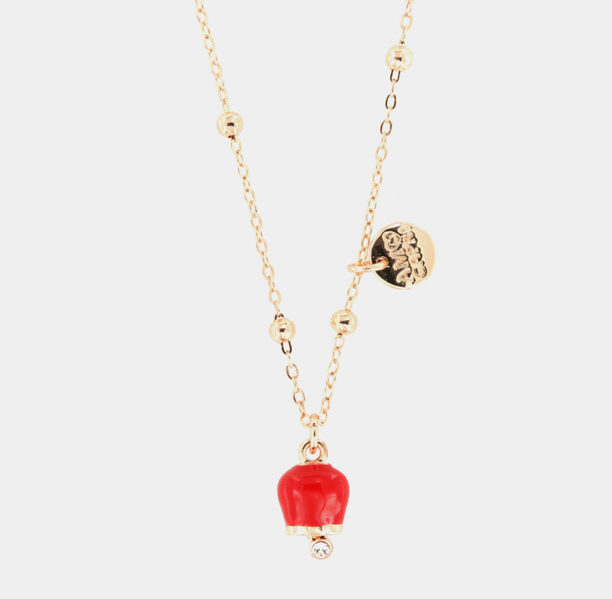 Collana in Metallo con campanella portafortuna pendente, impreziosita da smalto rosso e cristalli