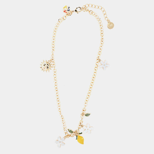 Collana in Metallo maglia rolò, con charms fiori e agrumi di Sicilia, impreziosita da smalti colorati