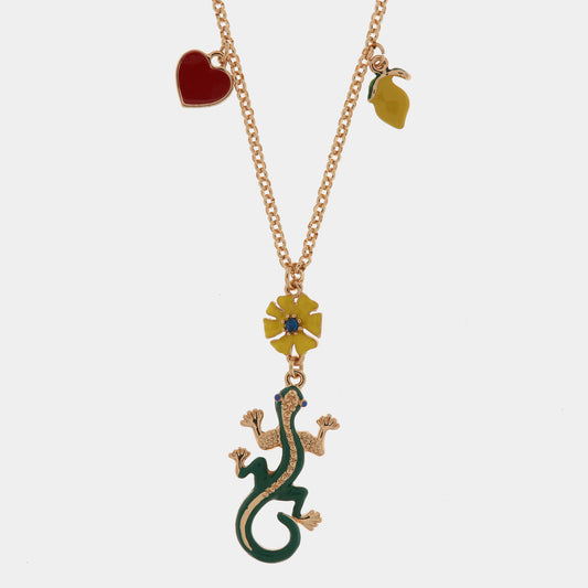 Collana in Metallo pendente con geco e fiore giallo, limone e cuore rosso