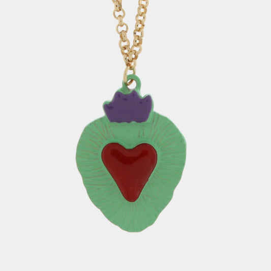 Collana in Metallo con cuore sacro verde e rosso