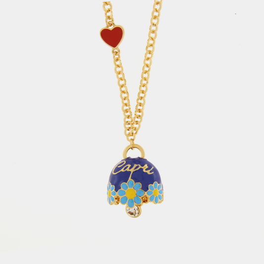 Collana in Metallo con campanella blu impreziosita da margherite e scritta capri