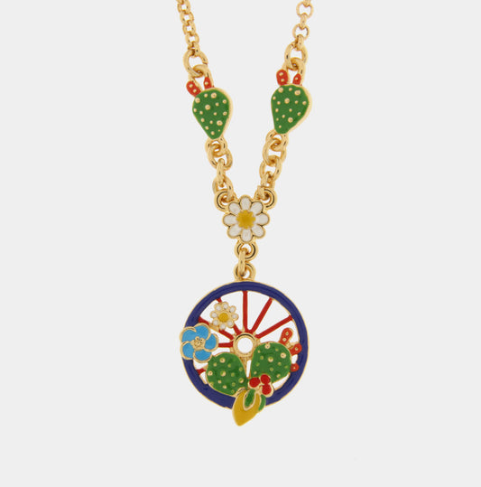 Collana in Metallo con ruota blu impreziosita da cactus, limoni e fiori