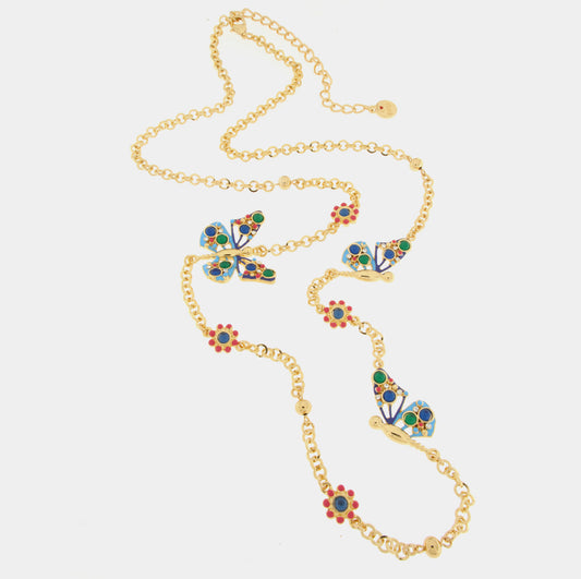 Collana in Metallo con farfalla multicolor e  fiori rossi