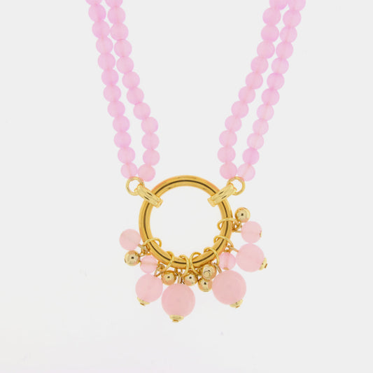 Collana in Metallo multifilo con cristalli rosa e cerchio centrale