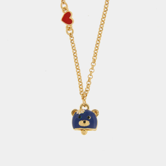 Collana in Metallo con campanella a forma di orso blu e cuore rosso