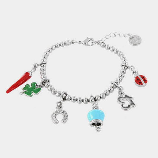 Bracciale in Metallo con corno napoletano, quadrifoglio, coccinella, campana capri