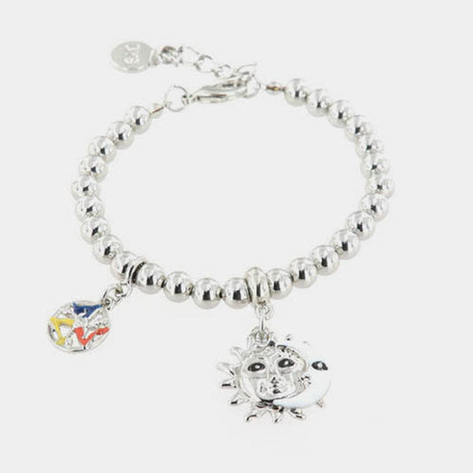 Bracciale in Metallo maglia a sfere con charm sole e luna pendenti, impreziositi da smalto bianco