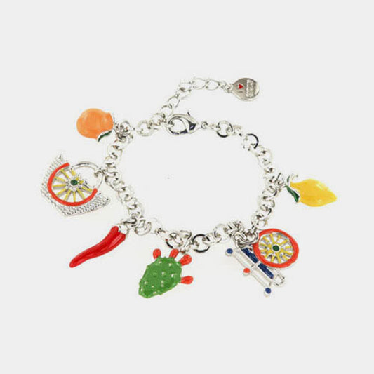 Bracciale in Metallo con charm siciliani, carretto, coffa, fico d'india, corno portafortuna