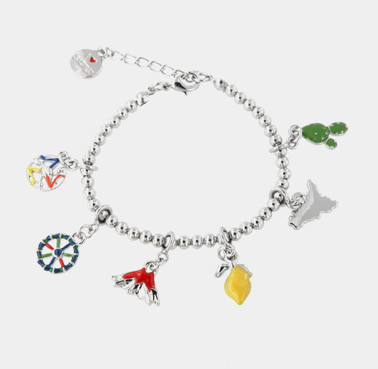 Bracciale in Metallo con charm siciliani, vulcano Etna, fico d'india e limone