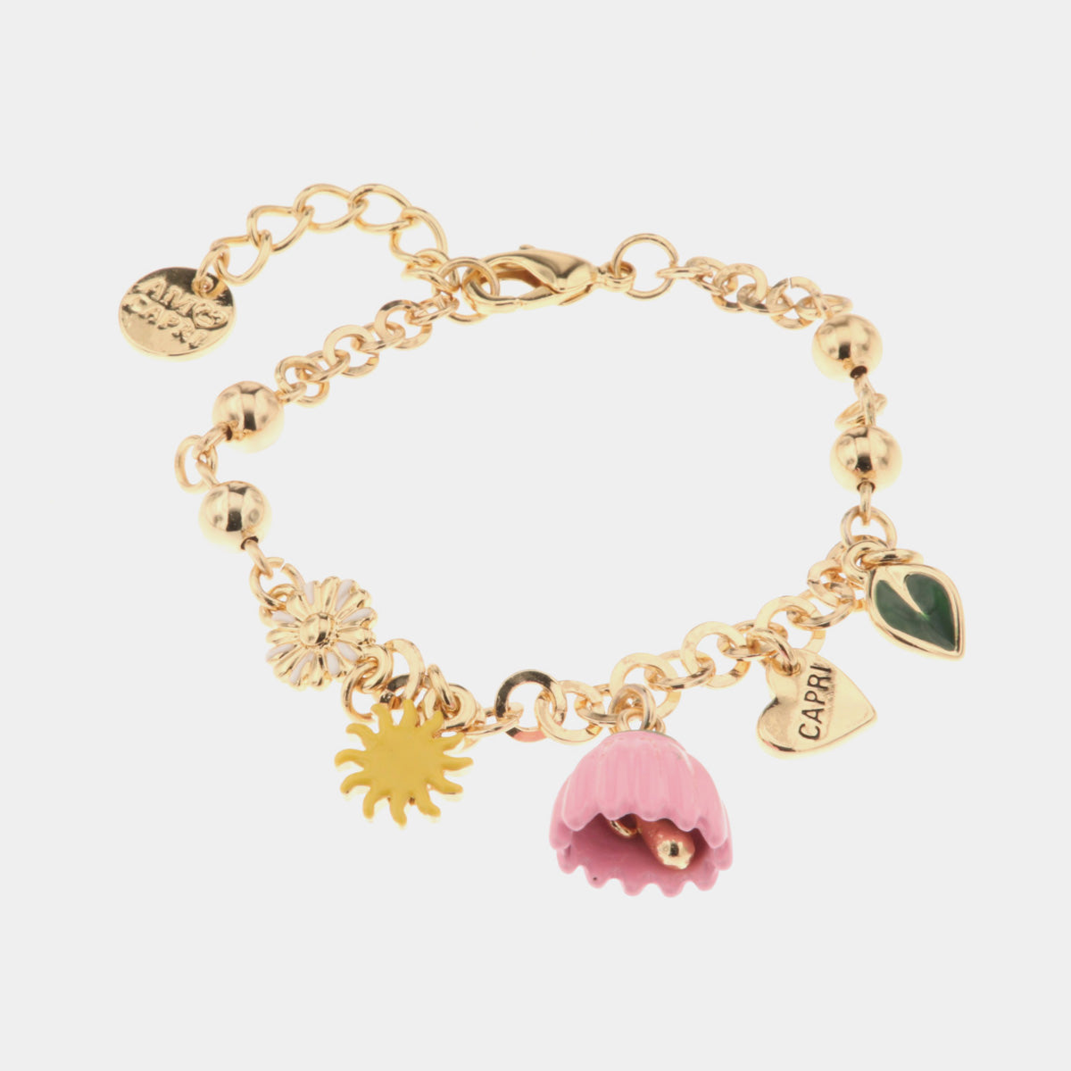 Bracciale in Metallo con fiore, sole, cuore con scritta capri, foglia e campanella a forma di campanula rosa