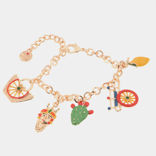 Bracciale in Metallo  oro rosa con charms colorati Sicilia, limone, coffa, testa di moro