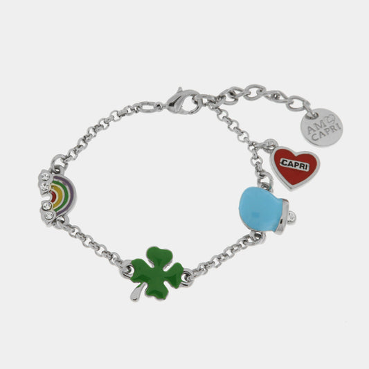 Bracciale in Metallo con quadrifoglio, campanella portafortuna, cuore con Capri e arcobaleno