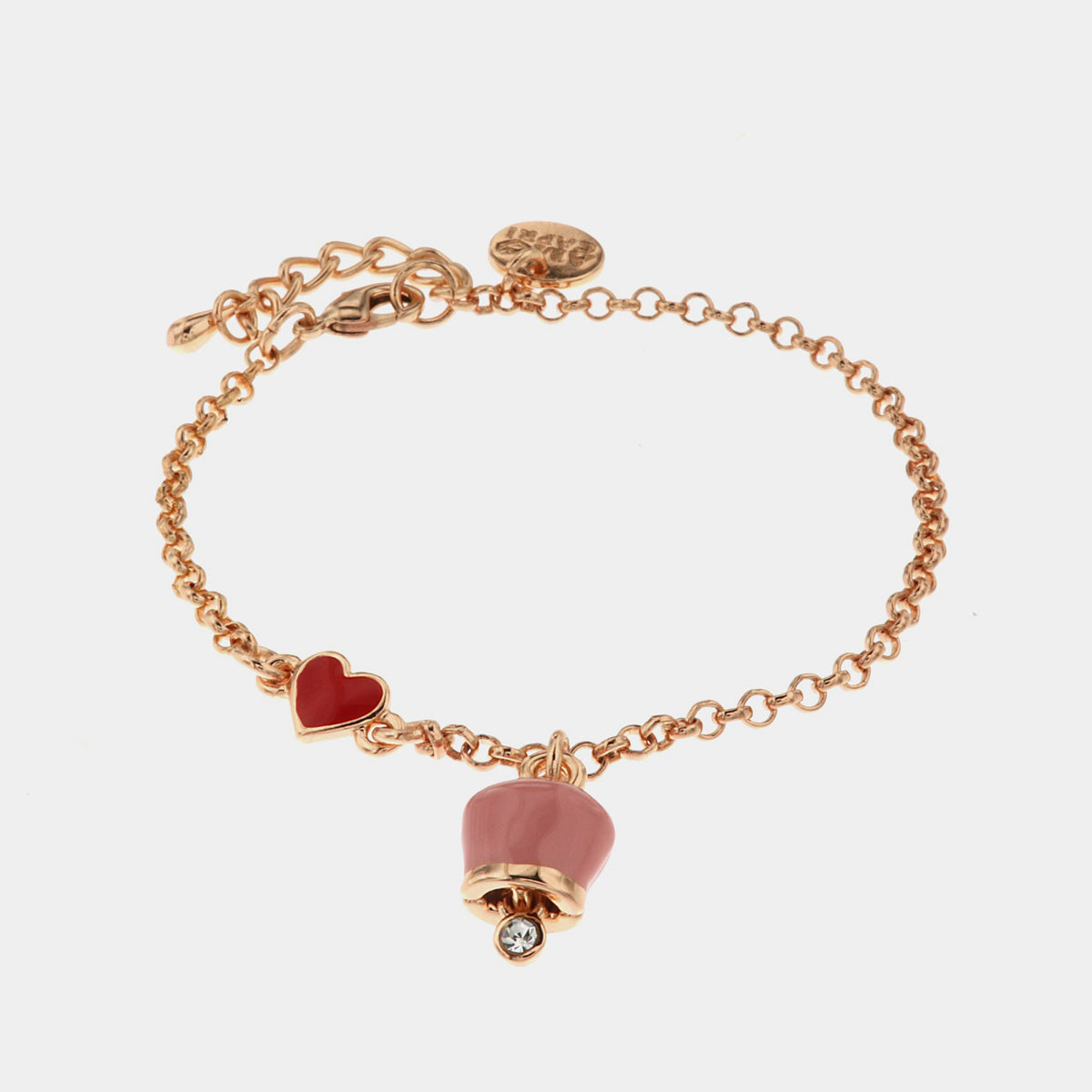 Bracciale in Metallo con cuore rosso e campanella portafortuna pendente, impreziosita da smalto rosa e punto luce