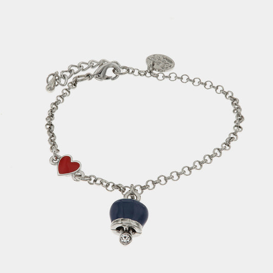 Bracciale in Metallo con cuore rosso e campanella portafortuna pendente, impreziosita da smalto blu e punto luce