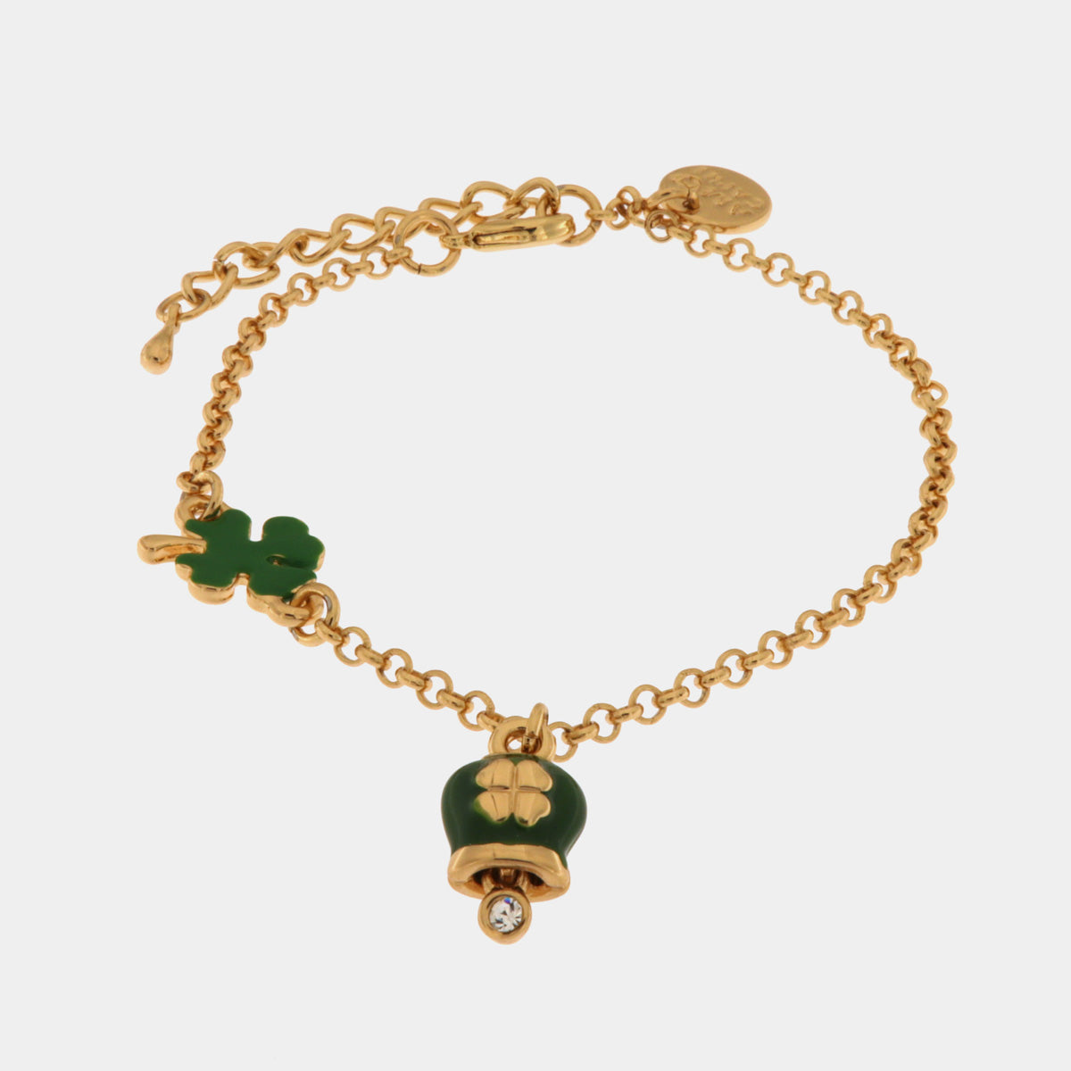 Bracciale in Metallo con cuore e campanella portafortuna verde con quadrifoglio