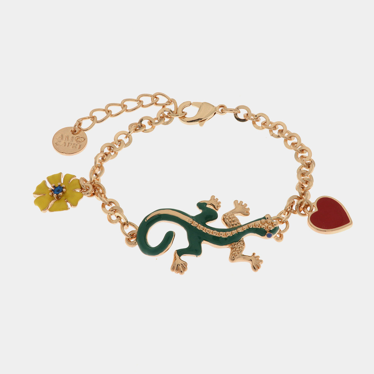 Bracciale in Metallo con geco verde, cuore rosso e fiore giallo