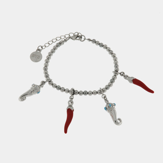 Bracciale in Metallo con cornetti portafortuna in smalto rosso