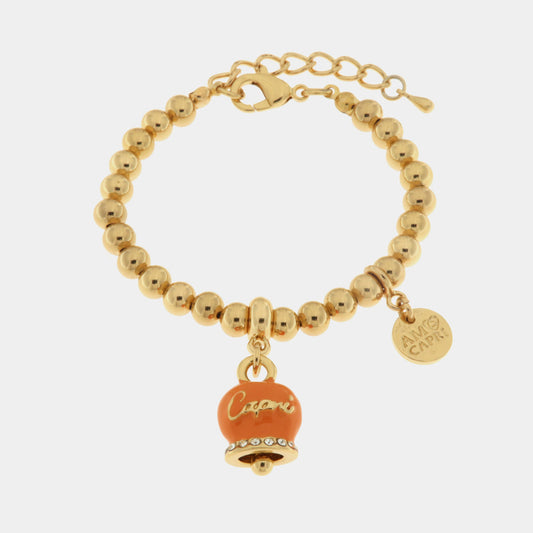 Bracciale in Metallo con campanella scritta capri pendente impreziosita da cristalli e smalto arancione