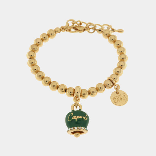 Bracciale in Metallo con campanella scritta capri pendente impreziosita da cristalli e smalto verde