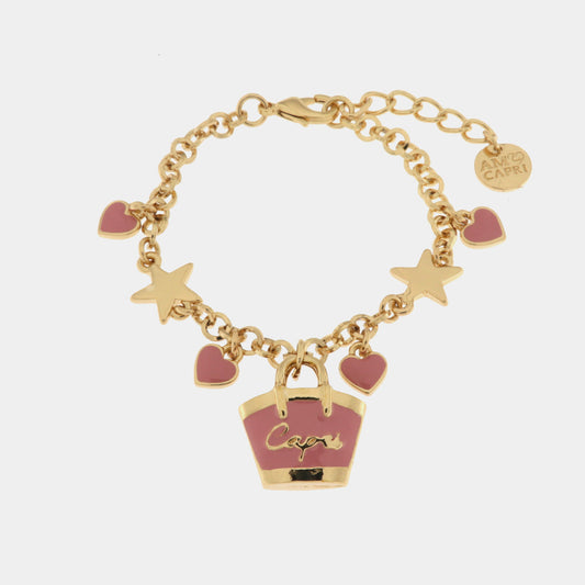 Bracciale in Metallo con borsa rosa Capri e cuori