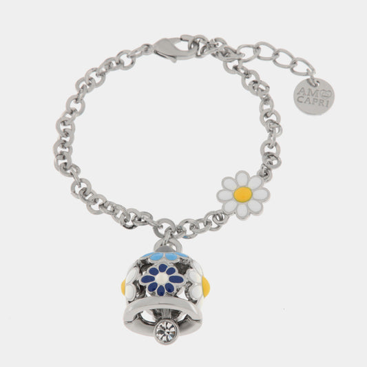 Bracciale in Metallo con campanella e margherite blu e bianche