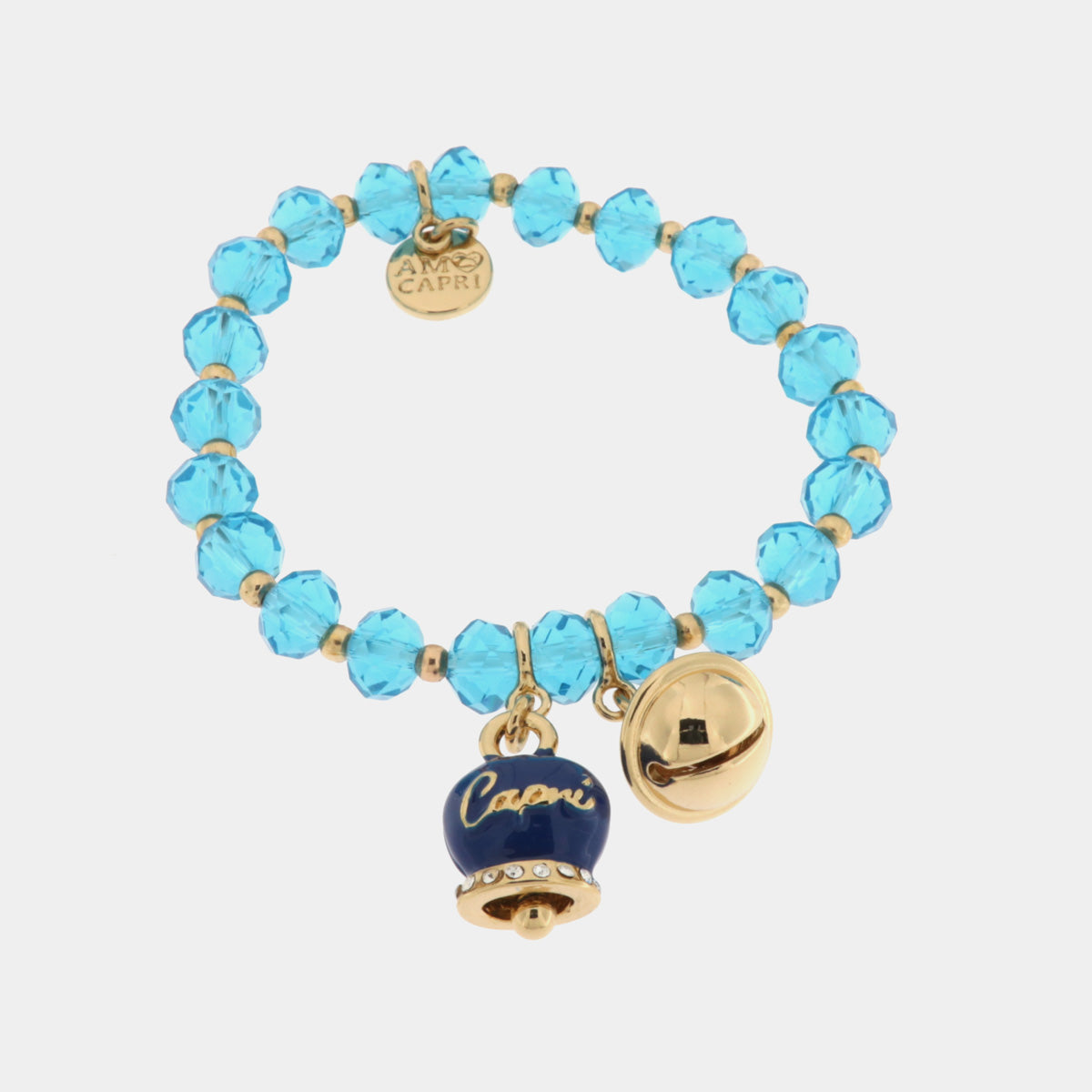 Bracciale in Metallo  campanella blu e piccolo sonaglio con pietre azzurre