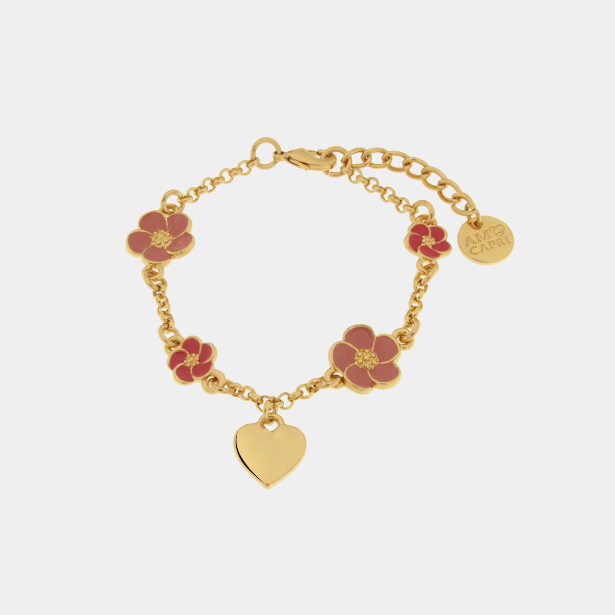 Bracciale in Metallo con fiori rosa e cuore pendente