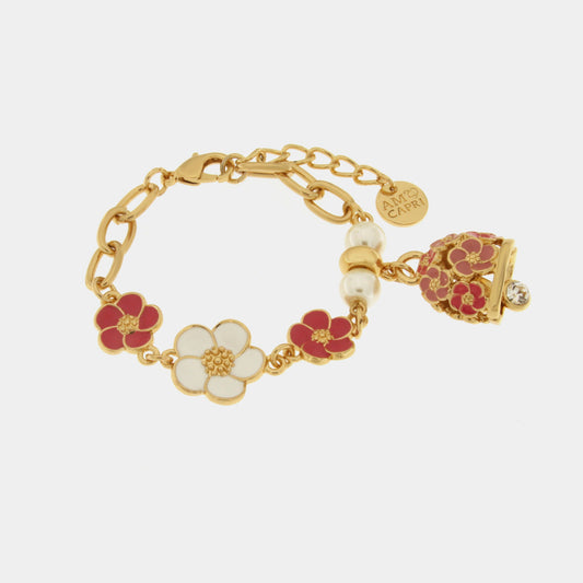 Bracciale in Metallo con campanella e fiori rosa e bianchi