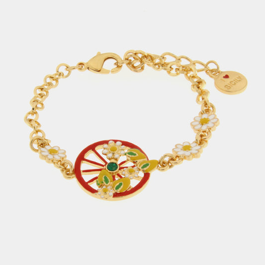 Bracciale in Metallo con ruota rossa impreziosita da limoni e fiori