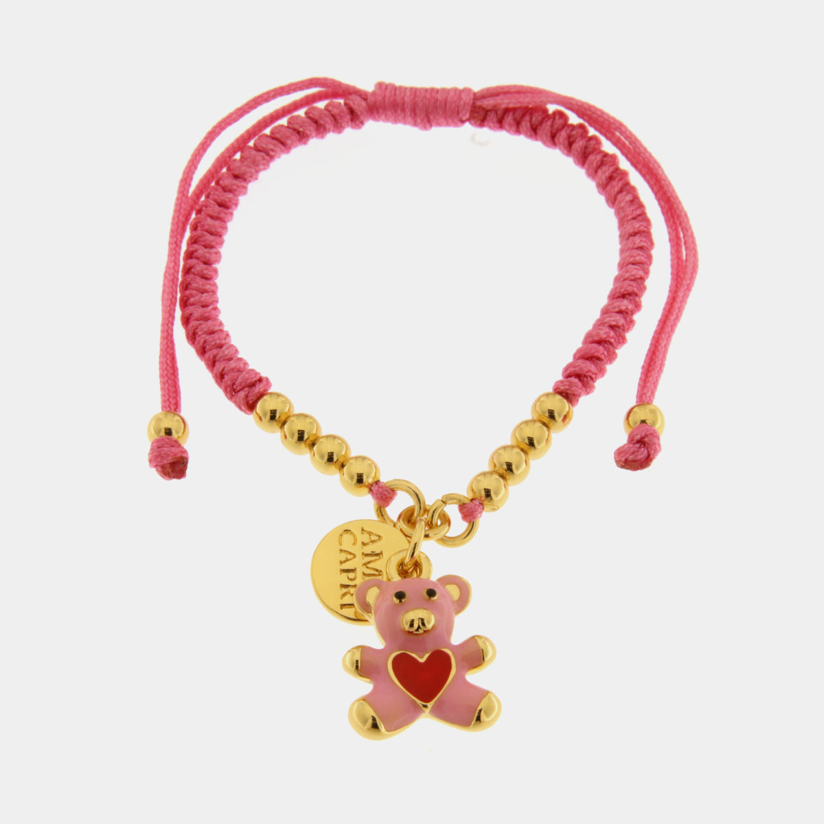 Bracciale in Metallo con ciondolo orsacchiotto rosa e cuore rosso