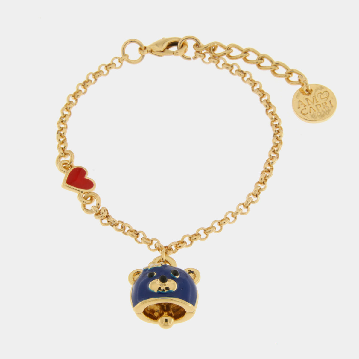 Bracciale in Metallo con campanella a forma di orso blu e cuore rosso