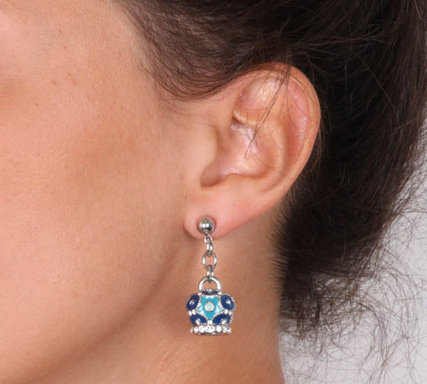 Metal earrings with enamelled camapanelle in the colors of the blue embellished with crystals