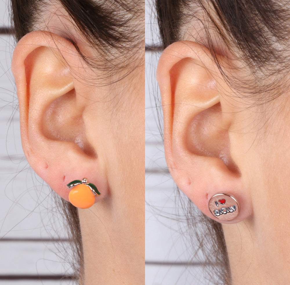 Lobe metal earrings, with citrus and sicily logo in the heart, embellished  with colored glazes