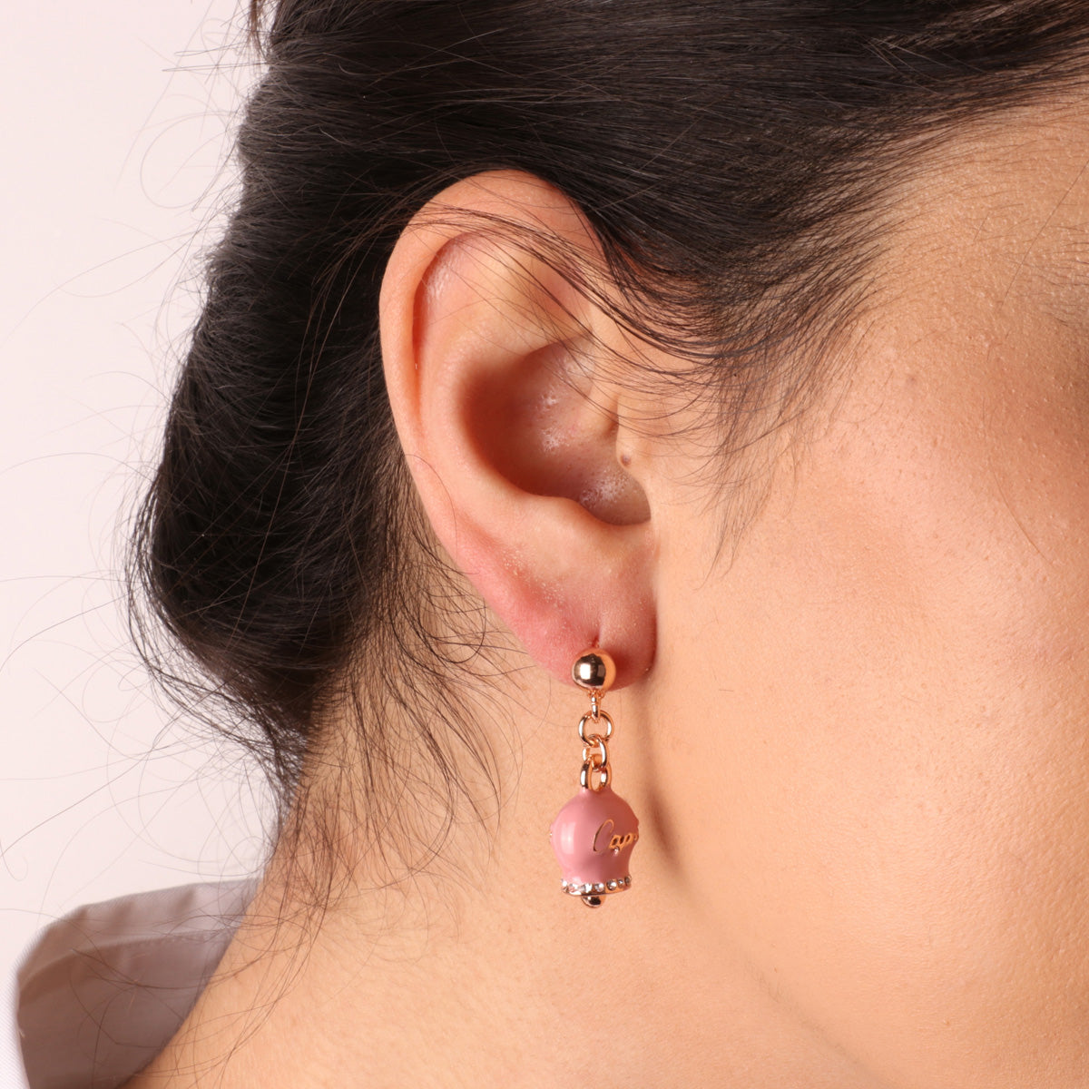Metal earrings with bell pendant pink enamel, embellished with crystals